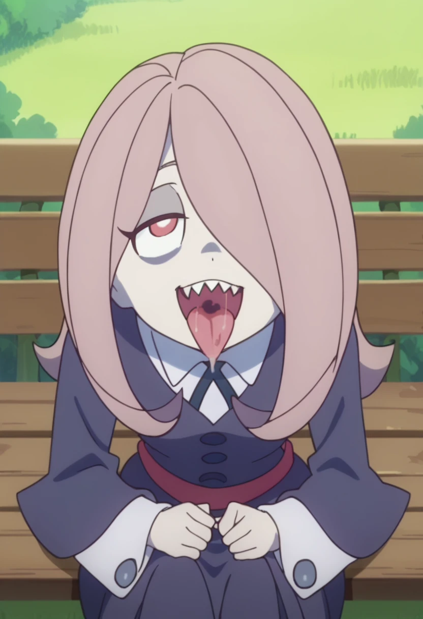 score_8_up, score_7_up, anime screencap, perfection, 1 girl, Sucy Manbavaran, solo, upper body , face only, two eyes, sitting on bench, witch academy uniform, long skirt, smiling, sharp teeth ,flat chest, outdoors, witch academy, from above, wide open mouth, tongue out, shy, seductive smile, aroused, saliva, hard breathing, hot cloud of breath from mouth, front view, ahegao,