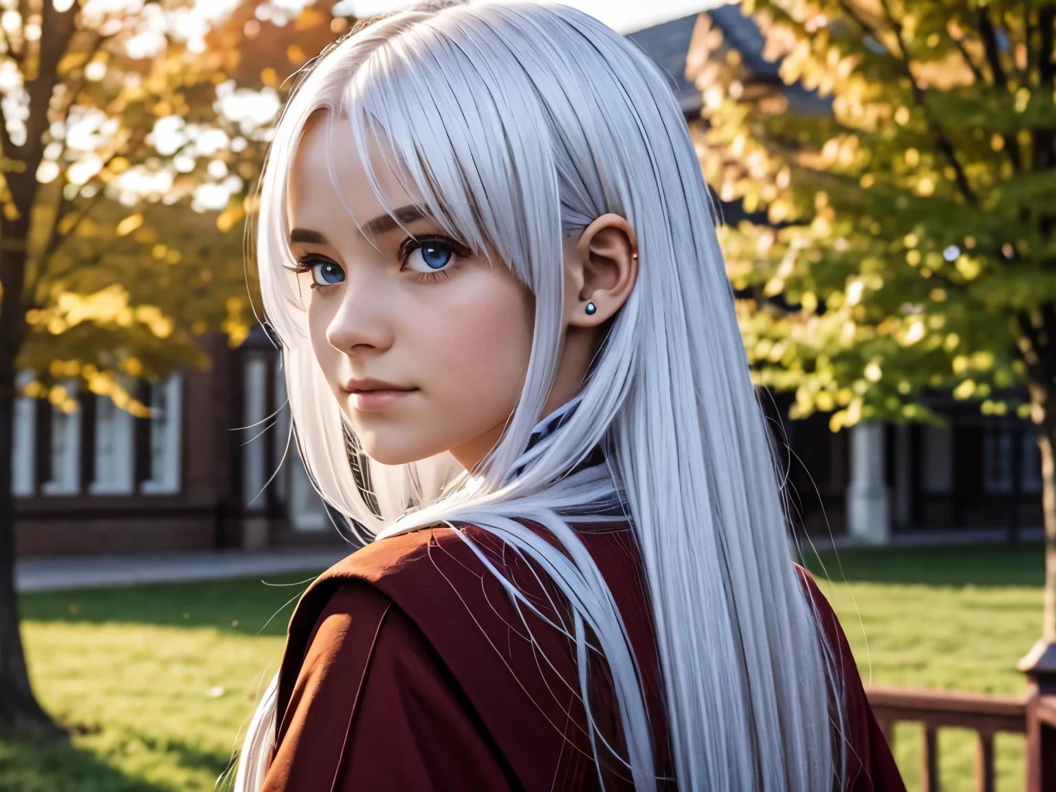 a girl, ************, white hair, hair behind ear, hair over shoulder, purple eyes, longeyelashes, wearing gryffindor uniform from harry potter in front of hogwart school, high quality, high details 