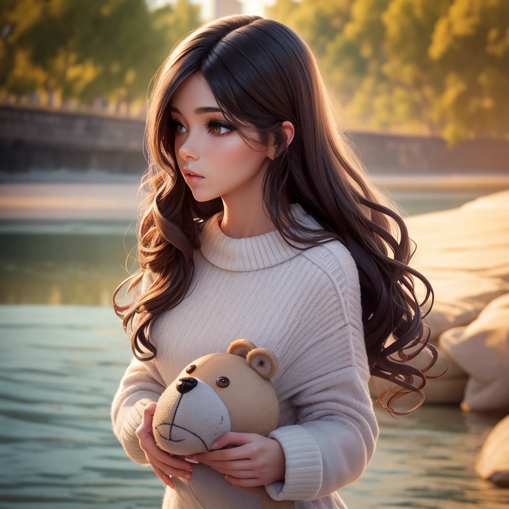 1 girl walks along the river, mix4, sweater, pillow, lips, open_mouth, realistic, Photo_(middle), One, stuffed_animal, stuffed_toy, Teddy_bear,(masterpiece),(Photorealistic:1.3), ultra detailed, (highly detailed skin:1.2),(Best quality:1.0), (ultra high resolution:1.0), (Oljan-6500:0.3), wavy detailed hair, long hair, sunlight, (beautiful detailed makeup), (sexual arousal, Redness, hard breath:1.0), flower theme, flower petals are scattered, (soft glow:0.5)