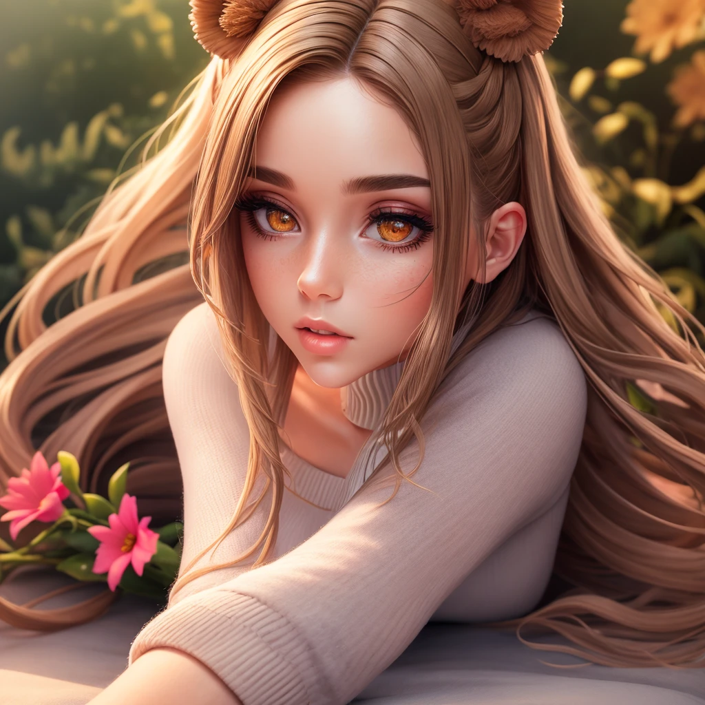 1 girl walks along the river, mix4, sweater, pillow, lips, open_mouth, realistic, Photo_(middle), One, stuffed_animal, stuffed_toy, Teddy_bear,(masterpiece),(Photorealistic:1.3), ultra detailed, (highly detailed skin:1.2),(Best quality:1.0), (ultra high resolution:1.0), (Oljan-6500:0.3), wavy detailed hair, long hair, sunlight, (beautiful detailed makeup), (sexual arousal, Redness, hard breath:1.0), flower theme, flower petals are scattered, (soft glow:0.5)