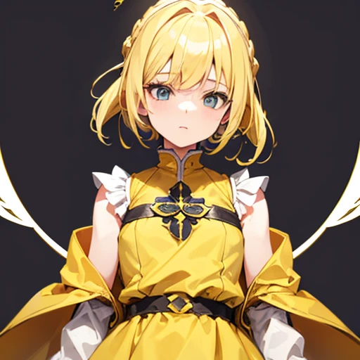 Slightly small blonde young woman, with short hair to the shoulders,                 with a yellow cloak that covers his shoulders with some cute details, and a patch with a bee symbol, yellow cloak that covers her shoulders and two small pigtails of her hair on each side at the top of her head, 