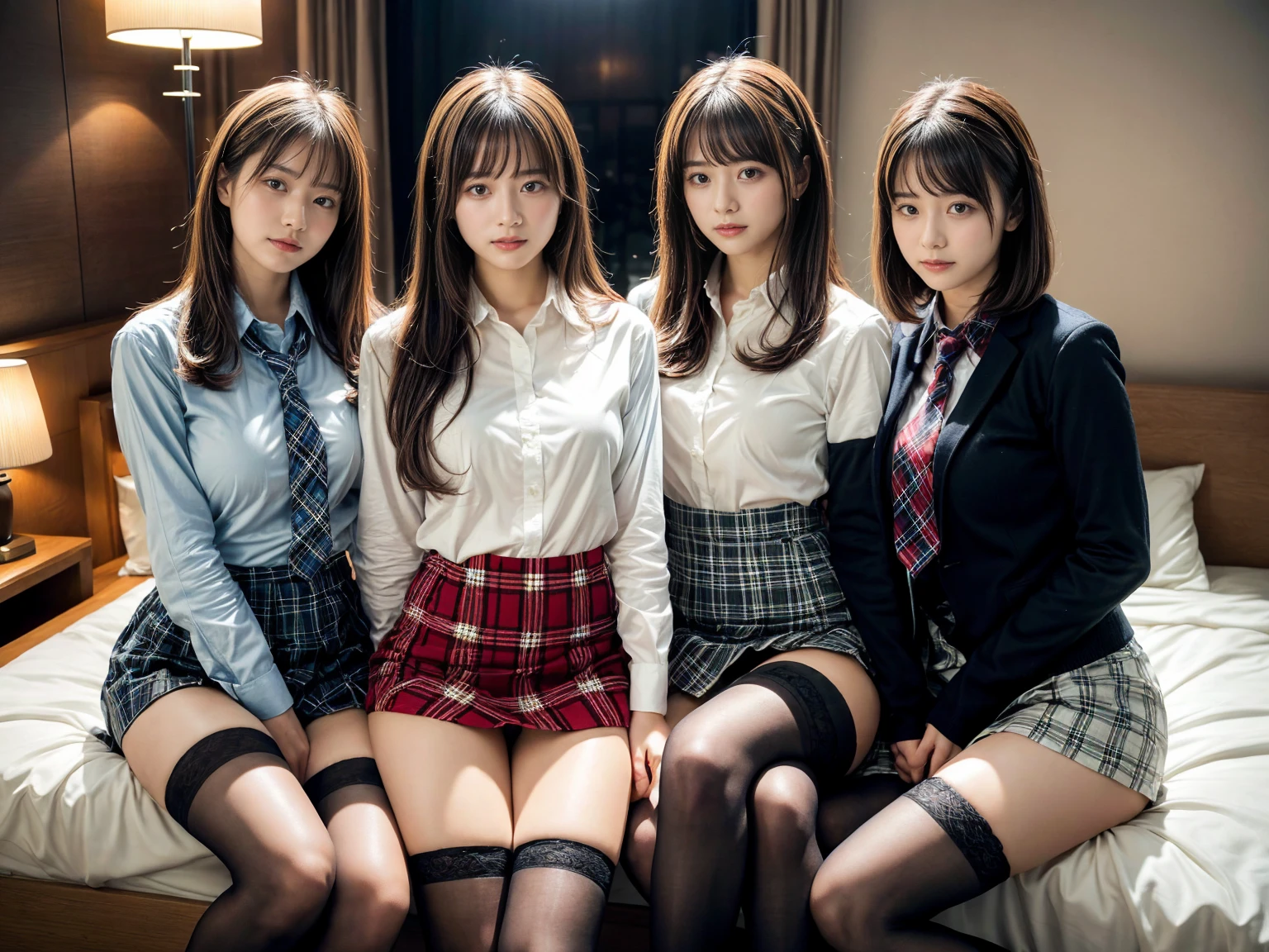 masterpiece, best quality, illustration, Super detailed, fine details, High resolution, 8K,wall paper, perfect dynamic composition,(Details High quality, realistic depiction of eyes:1.3), (3 girls), (white school shirt :1.2), (plaid skirt :1.3), tie black, black thigh-high stockings, sitting, open legs, short bob hair, in a hotel room in the background, deep on field, large breasts, black hair color, Big Natural Color Lip, (perfect body shape), crying a little、Harajuku style、20 year old girl、cute type、beautiful legs, Gravure Idol