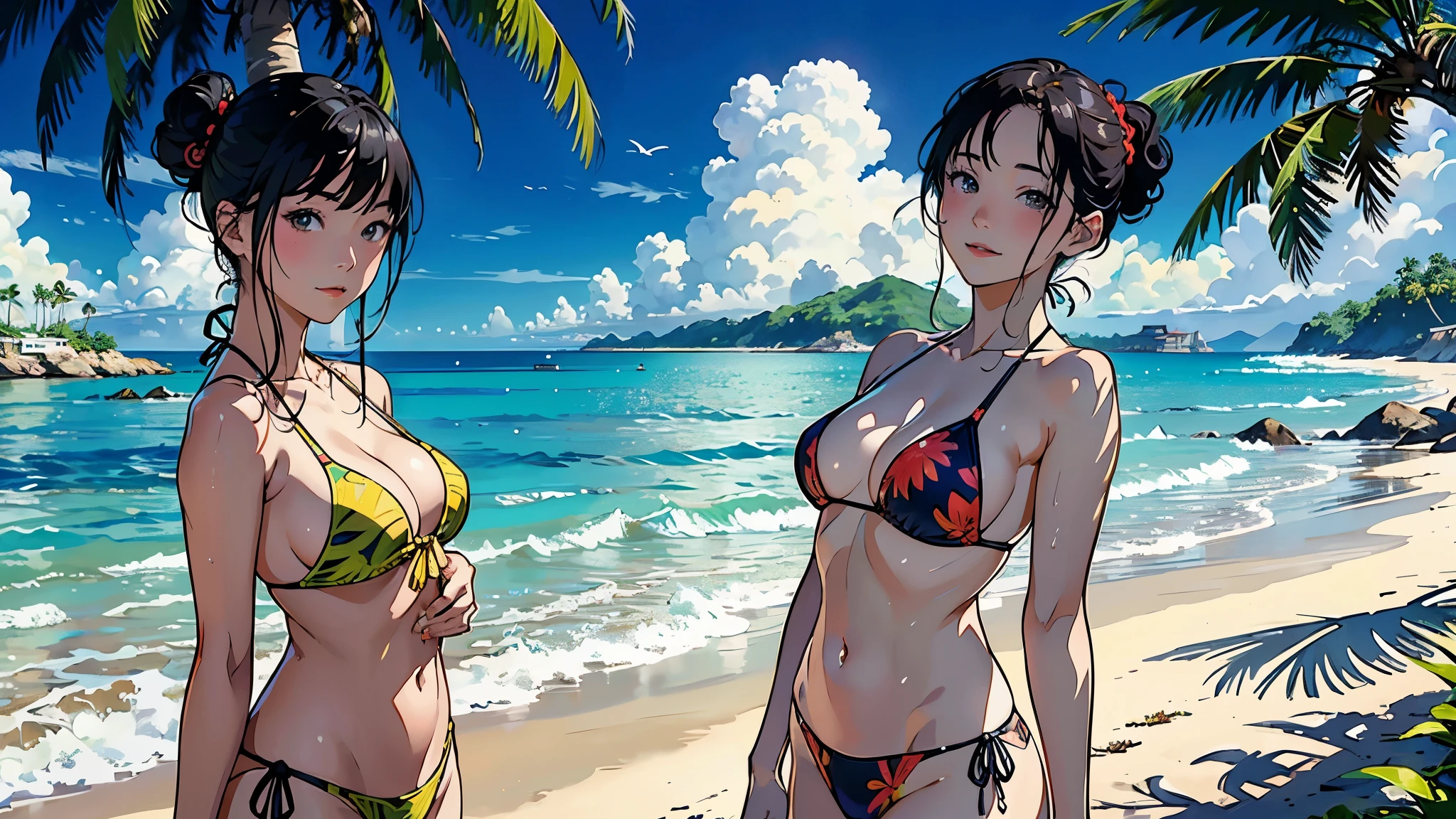 ((Highest quality, masterpiece, High resolution))、Beautiful Japanese Women、((Anime Art))、 ((2 women))、18-year-old、(We are both good friends)、(They touch cheeks)、 (Detailed depiction of a beautiful face)、Smiling Kindly、Realistic Face、 Small breasts、Slim figure、Medium Short Hair、semi-long、Hair Bun、Wet see-through bikini、Bikini Swimwear、One piece swimsuit、The waist is wrapped in fabric with bold ethnic patterns and plenty of primary colors..。.、Realistic Skin、Wet、whole body、(Beautiful tropical beach landscape photography)、Cinematic Light、tropical、(Flowers on the Beach)、Against the background of palm trees、On the sunny beach、With the sea in the background、Squall、rainbow、Blur the background、