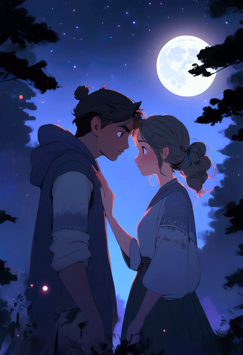 1 girl, 1 boy, Face to Face, HILL, forest, moon, night, contour, Fingers crossed, better one