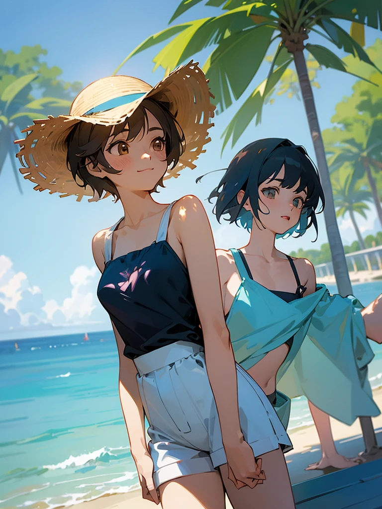 master piece, best quality, for below, cinematic angle, upper body , pigeon toed,
Anime-style Moe illustration, yuri, summer vacation theme, 20-year-old, 2Girls, Beach,Tree Shade, short hair,
Summer Casual, slightly inner thighs, smile, accurate drawing, Active pose, Active Angle,