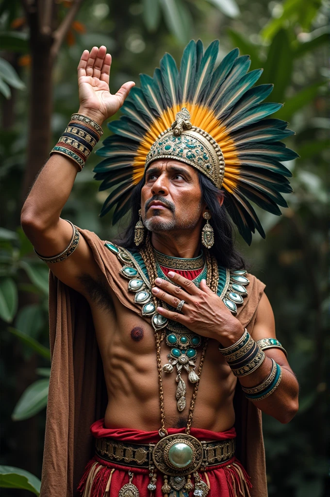 Ahau or Mayan ruler with a crown of quetzal feathers and elaborate costumes made of fine fabrics decorated with jewels and seashells. elderly indigenous man, full body tribal chief, raising hands to heaven worshiping gods. mexican traits