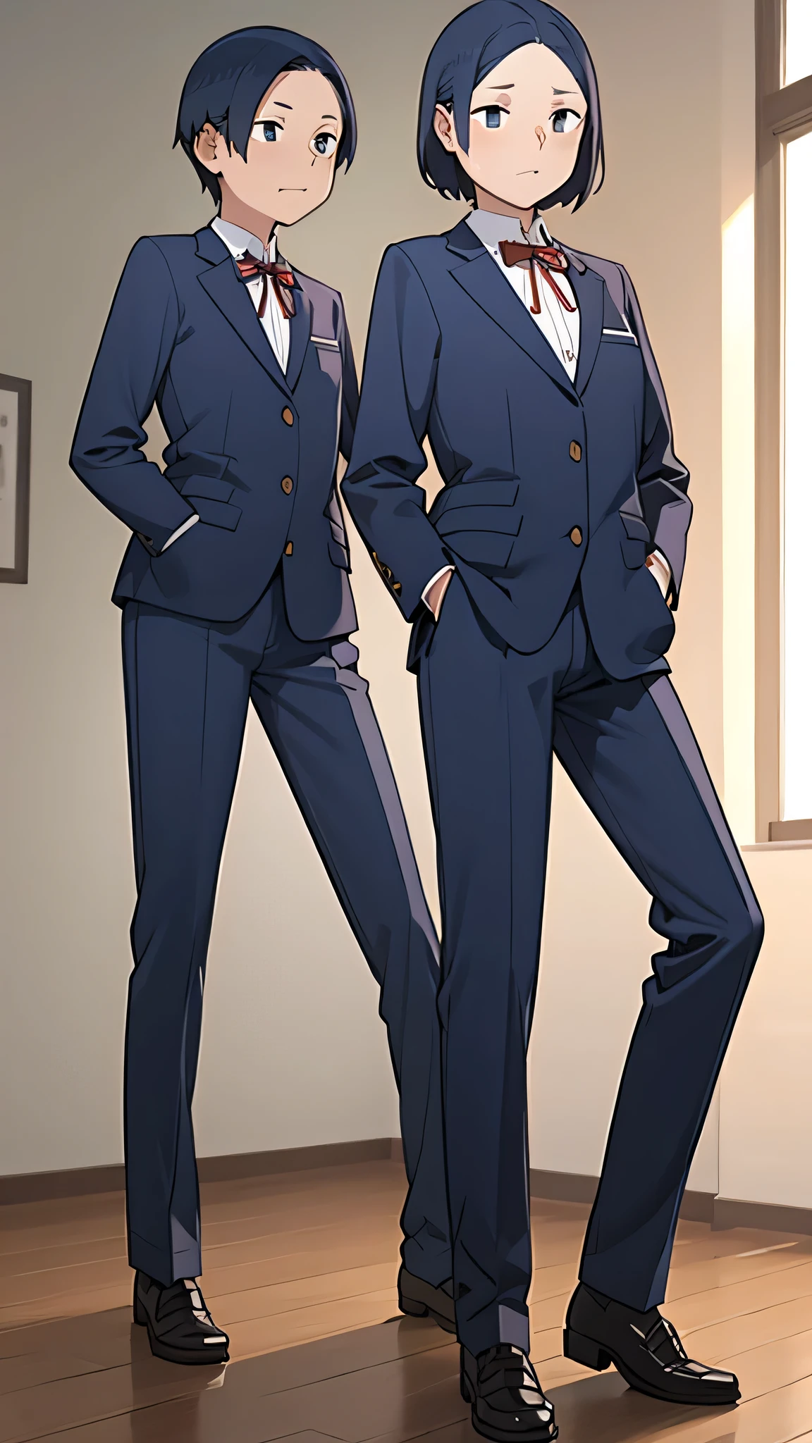 Flat chested, wearing a male school uniform, standing and looking straight ahead,