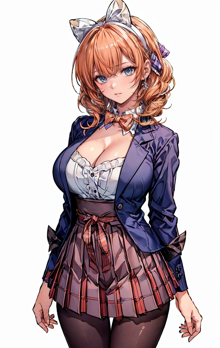 (cowboy shot: 1.5), (white background, simple background: 1.5), (masterpiece:1.5), (big breasts: 1.5), (1 girl: 1.5), young woman, (Beautiful Girl:1.5), (extremely detailed and delicate anime face and eyes:1.5), whole body, (natural light, HDR, extremely details CG:1.3), (dynamic posture:1.3), {correct body anatomy}, (wide hips: 1.3), (perfect hands: 1.5), single focus, toned body, Beautiful Lips, thick lips, {surreal}, {correct posture}, {minutes details}, {detailed body}, {detailed clothing}, (Bright Eyes: 1.3), (cleavage: 1.3), {accessories}, {sexy}, Korean school uniform, (Short blazer: 1.5), (white blouse: 1.3), long sleeves jacket, (High waist pleated skirt:1.5), (Plaid skirt: 1.3), high waist skirt, (Strap pleated skirt: 1.3), Strap, drawstring shirts, (pearl bow tie: 1.3), Hakama bow, (naby blue pantyhose: 1.5), black heels shoes, jewelry, (hairband: 1.3), earrings, (disdain look: 1.3), (medium hair 1.5), (peach hair: 1.5), (beehive hairdo: 1.3), (swept bangs: 1.5), glowing hair, (bright plum eyes: 1.3),