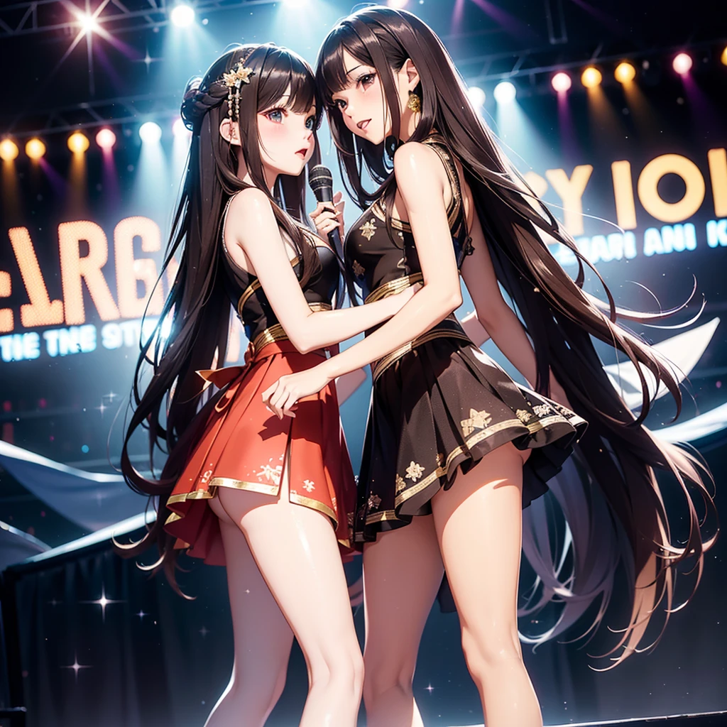 Two idol singers,A cute brown-haired girl and a long black-haired beauty with outer space background, double lead vocals and guitar2People face to face, , Sing and dance happily、Beautiful girl barefoot in a flared skirt、Fishnet beauty in tight skirt、Hanfu、cheongsam,Very smooth haine hair,Very fine hair,Young shiny hair、(Original Photography、Top quality:1.5)、(Realist、Photorealistic:1.5)