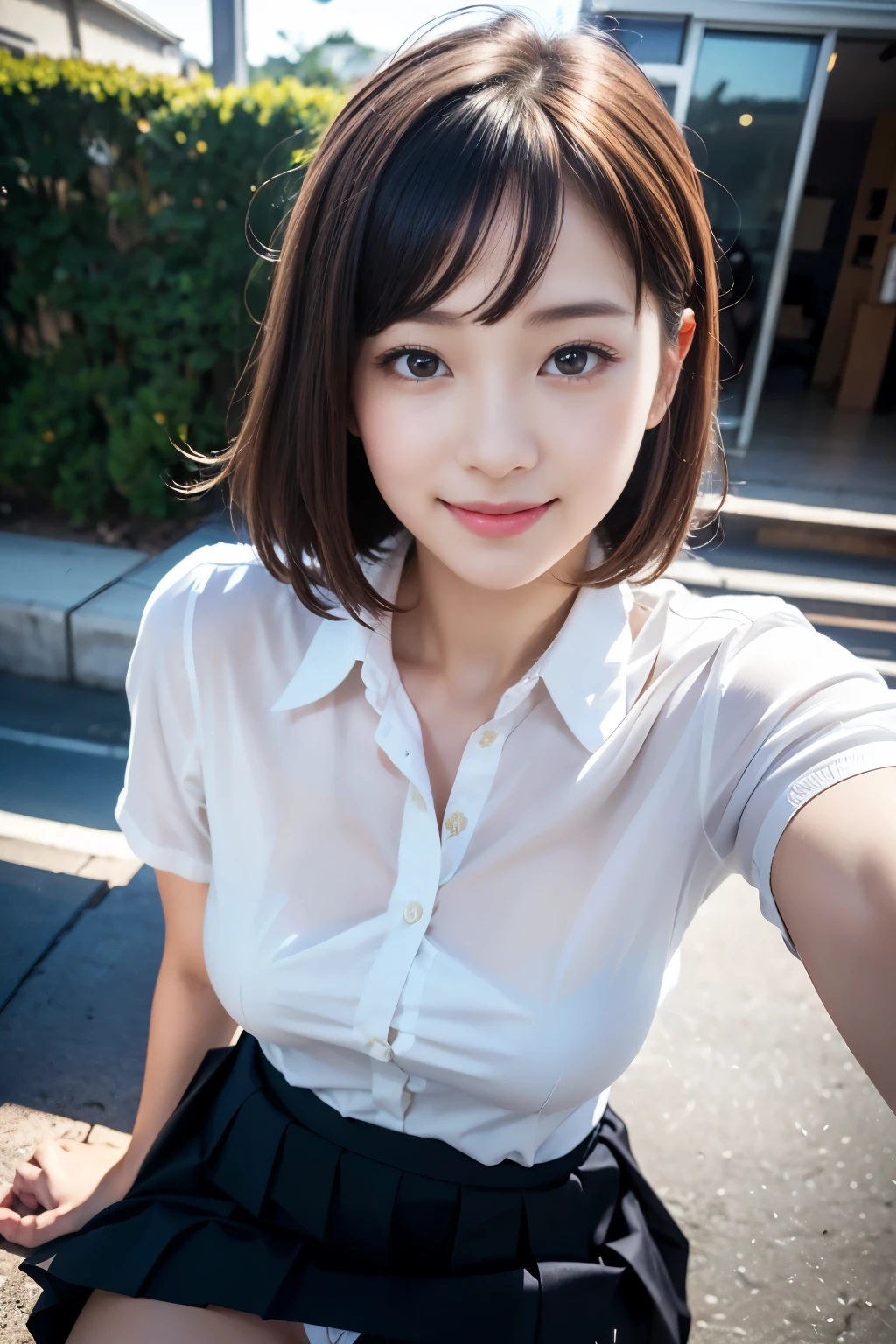 Browsing Caution, ((Outdoor)), Lewd smile、(Realistic、Realistic:1.37)、(masterpiece)、(Highest quality:1.4)、(Ultra-high resolution:1.2)、(RAW Photos:1.2)、(Sharp focus:1.3)、(stand:1.2)、elegant、(Whole Body Ezbian:1.2), (Girl in white shirt and black skirt:1.3)、bangs, Very cute Japanese girl、 (A faint smile:1.3)、(Makes hair shine:1.3)、((Panty stains)), Short pleated skirt、Shooting from below、Beautiful and delicate eyes、 View your viewers、Shooting from an upward angle、Secretly photographing underwear under a skirt、panties:1.8、Upper body naked