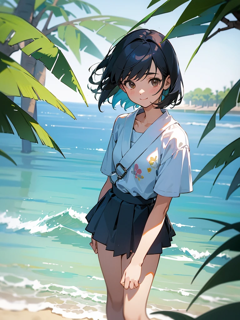  master piece, best quality, for below, cinematic angle, upper body , pigeon toed,  
Anime-style Moe illustration, yuri, summer vacation theme, 20-year-old, 2Girls, Beach,Tree Shade, short hair, 
Summer Casual, slightly inner thighs, smile, accurate drawing, Active pose, Active Angle, 