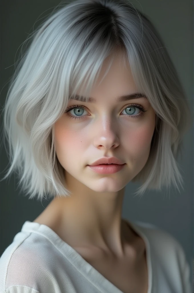 (RAW photo, best quality, masterpiece: 1.2), (photorealistic: 1.4), 18 years old, cute Russian girl,  solo, detail face, detail eyes, detailed skin, light gray eyes, light gray hair, short straight bob cut, Symmetrical eyes, medium breast, like a model, looking at viewer, 