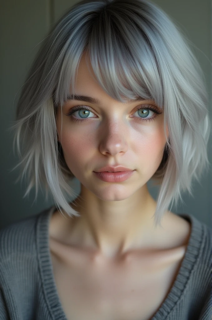 (RAW photo, best quality, masterpiece: 1.2), (photorealistic: 1.4), 18 years old, cute Russian girl,  solo, detail face, detail eyes, detailed skin, light gray eyes, light gray hair, short straight bob cut, Symmetrical eyes, medium breast, like a model, looking at viewer, 