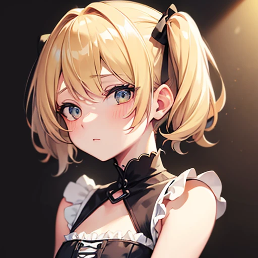 Slightly small blonde young woman, with short hair to the shoulders, cute details, and two little pigtails of her hair on each side up on her head,