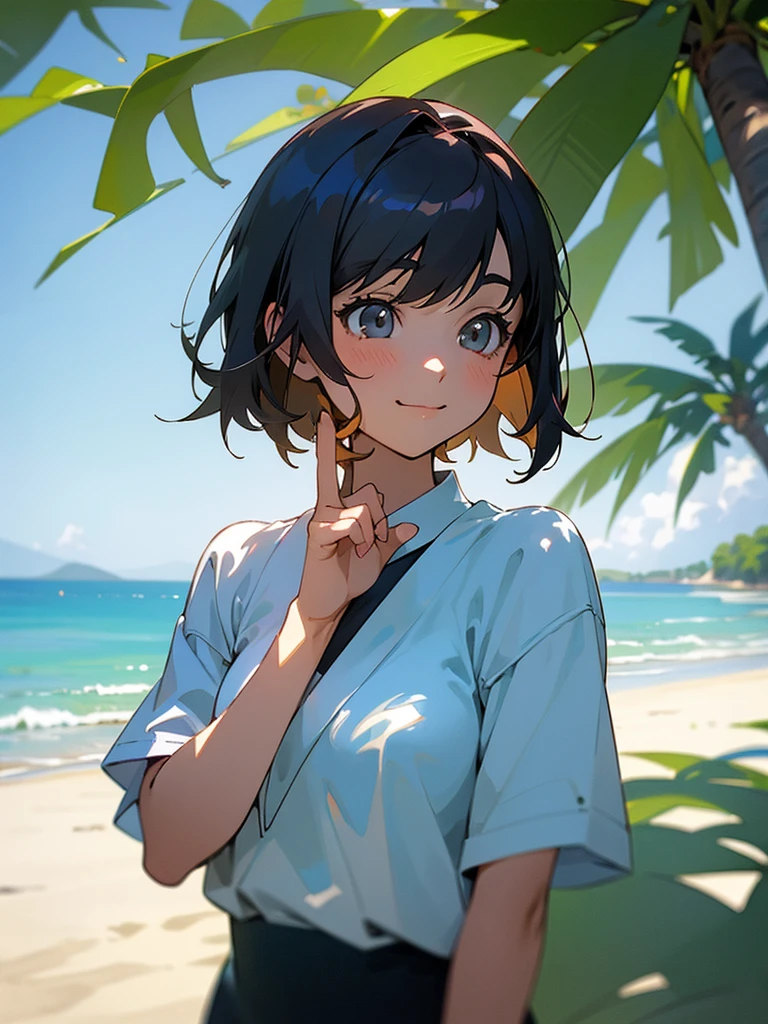 master piece, best quality, for below, cinematic angle, upper body , pigeon toed,
Anime-style Moe illustration, yuri, summer vacation theme, 20-year-old, 2Girls, Beach,Tree Shade, short hair,
Summer Casual, slightly inner thighs, smile, accurate drawing, Active pose, Active Angle,