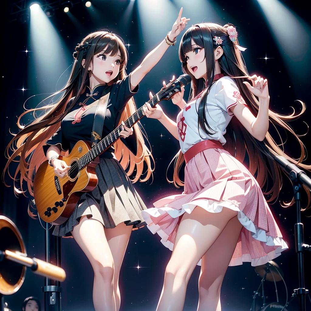 Poster idol singer，A cute brown-haired girl and a long black-haired beauty with outer space background, double lead vocals and guitar２People face to face, , Sing and dance happily、Beautiful girl barefoot in a flared skirt、Fishnet beauty in tight skirt、Hanfu、cheongsam，Very smooth haine hair，Very fine hair，Young shiny hair、(Original Photography、Top quality:1.5)、(Realist、Photorealistic:1.5)