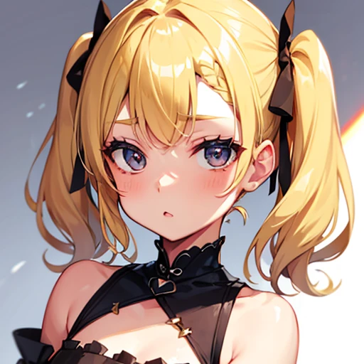 Slightly small blonde young woman, with short hair to the shoulders, cute details, and two little pigtails of her hair on each side up on her head, bee