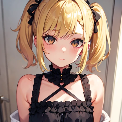 Slightly small blonde young woman, with short hair to the shoulders, cute details, and two little pigtails of her hair on each side up on her head, bee