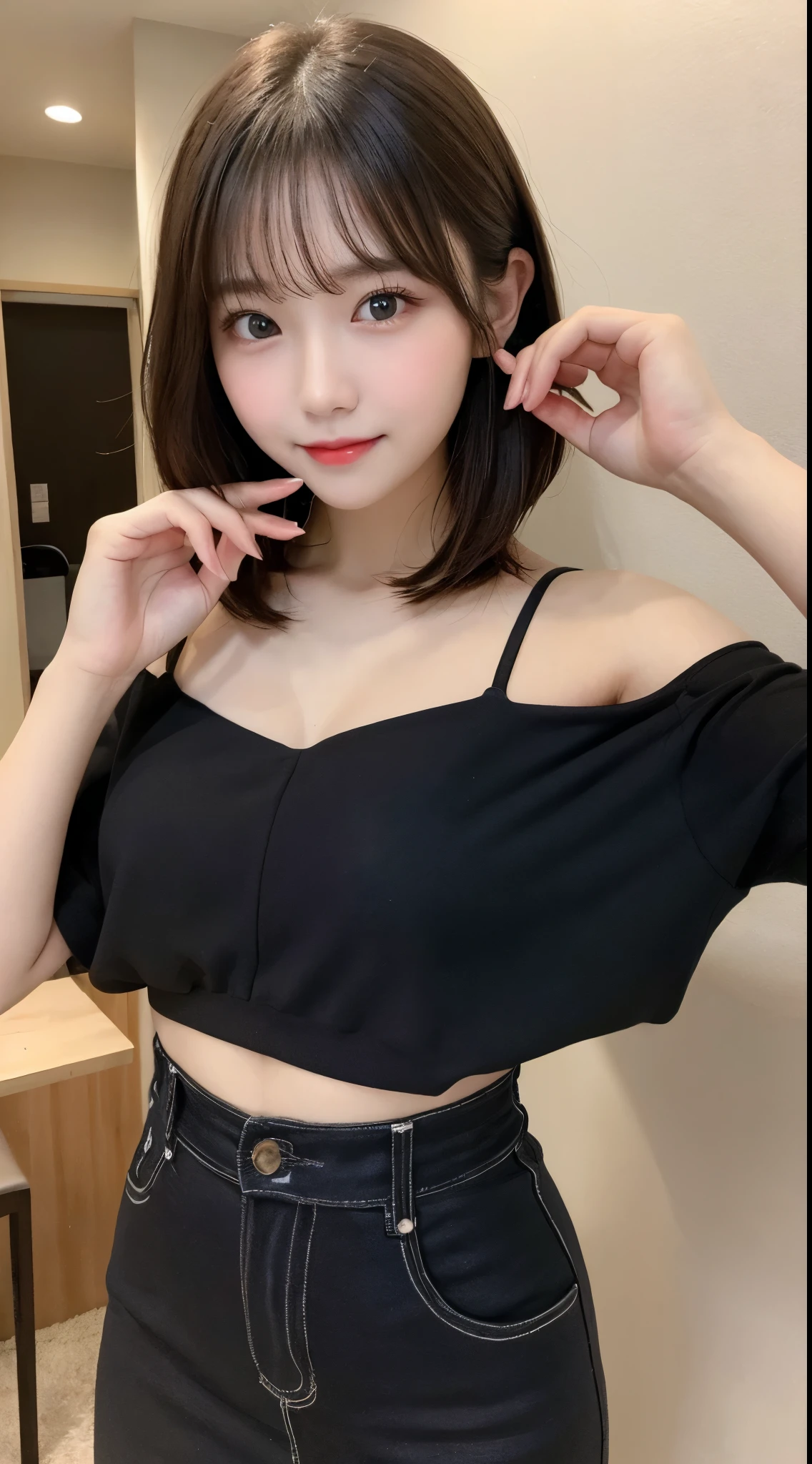 Tabletop, Highest quality, shape, Very detailed, finely, High resolution, 8k wallpaper, 完璧なダイナミックな構shape, Beautiful and detailed, short hair,Small breasts,Natural color lip, 20-year-old girl、cute、Always blur the background,Perfect and beautiful face,Slim face and figure,Big eyes、Putting on gal makeup,Actual Photos(Best image quality)、Full Body Shot、smile、plateau