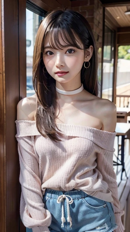 ((Off-the-shoulder knit、Drawstring Cami、Pintuck shorts))beautiful, calm and bright look、Refreshing look、完璧なbeautifulcute顔、Very bright、Long bangs between the eyes、Long black hair straight hair、とてもcute、beautifully、Young little woman、非常に完璧なbeautifulcute顔、、Real17歳女性、cute,((Small breasts:1.4))、(()) And a very slim figure,Very thin leganicules、Earrings、Pink Lip、choker、Real、Highest quality、Detailed face、Detailed Background、Depth of written boundary、alone、night,Highest quality、High resolution、超High resolution(Real:1.4)Detailed eyes、Gradation、Perfect anatomical figure、Woman with perfect body、Highly detailed skin、非常にDetailed face、細部までbeautiful目、Background blur、whole body viewing angle、