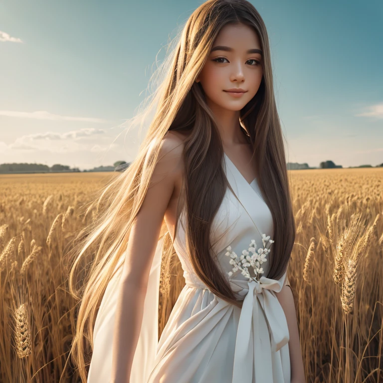 masterpiece, Best quality, ultra high resolution, detailed illustration, portrait, detailed, 1 girl stands in a wheat field, One, long hair, dress, flower, white hanfu, smile, whole body, white flower, bare shoulders, very long hair, sea green hair, closed mouth, facing the viewer, bang,