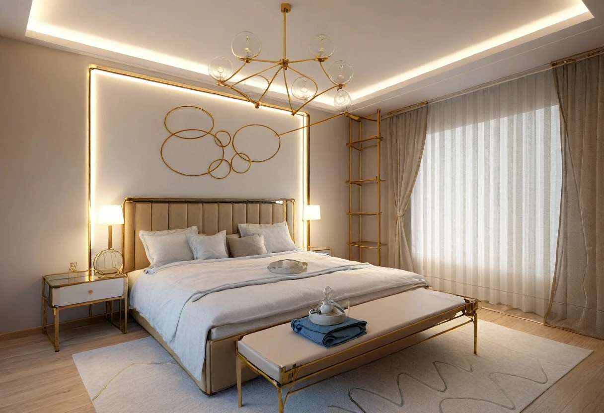 Modern bedroom design, luxurious interior, ((high resolution image, 8k, detailed anatomy of each object, rough surface, super detailed, super realistic, beautiful) spotless , surreal , spacious space , full light