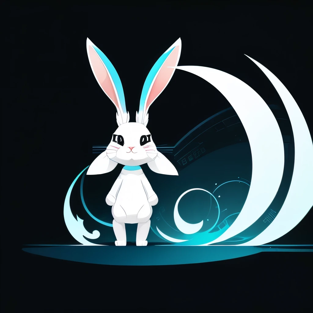 Cartoon animal design, flat style cute rabbit full body photo, simple but not lost sense of design, fresh flat style, cyberpunk elements are applied freely, the front view presents a charming cute posture, and the feet hang down in a cute posture