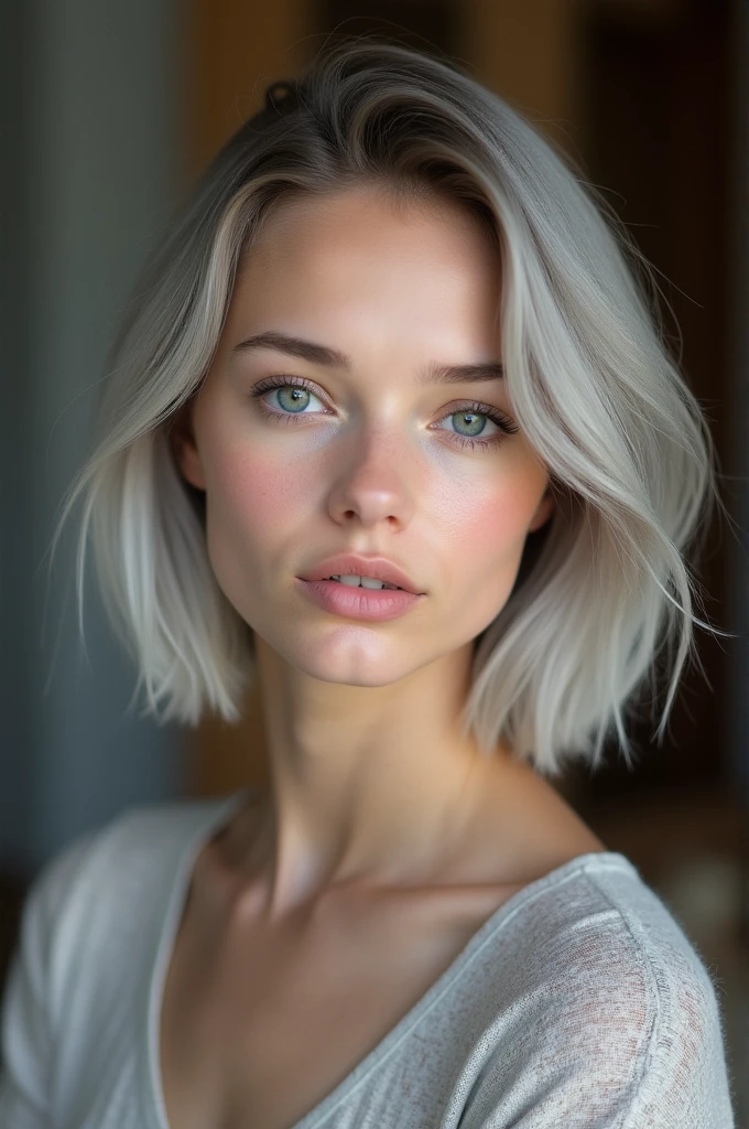 (RAW photo, best quality, masterpiece: 1.2), (photorealistic: 1.4), 18 years old, Kristina Pimenova, solo, detail face, detail eyes, detailed skin, light gray eyes, light gray hair, short straight bob cut, Symmetrical eyes, medium breast, like a model, looking at viewer,