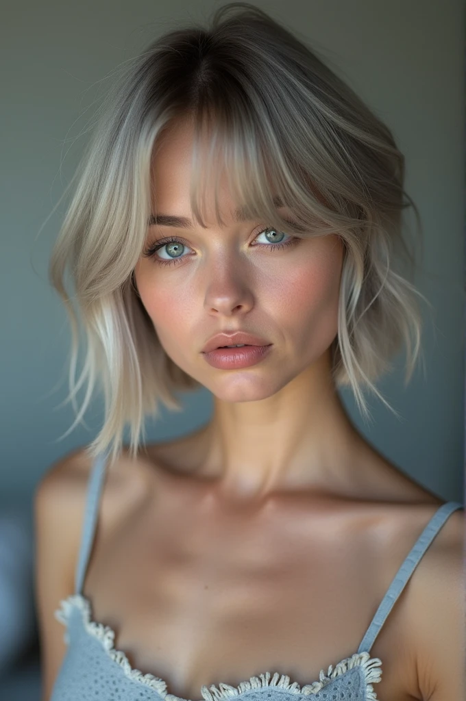 (RAW photo, best quality, masterpiece: 1.2), (photorealistic: 1.4), 18 years old, Kristina Pimenova, solo, detail face, detail eyes, detailed skin, light gray eyes, light gray hair, short straight bob cut, Symmetrical eyes, medium breast, like a model, looking at viewer,