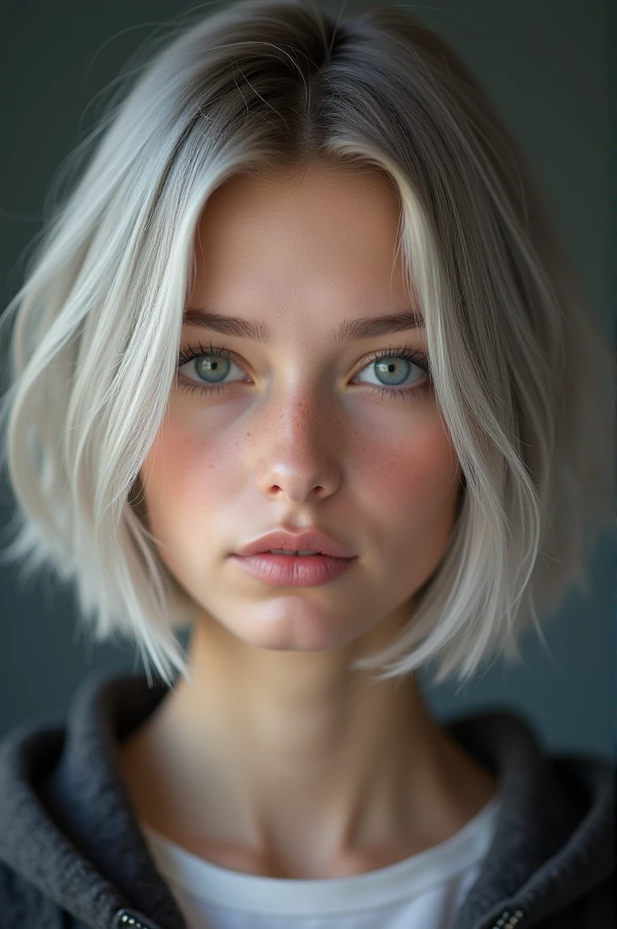 (RAW photo, best quality, masterpiece: 1.2), (photorealistic: 1.4), 18 years old, Kristina Pimenova, solo, detail face, detail eyes, detailed skin, light gray eyes, light gray hair, short straight bob cut, Symmetrical eyes, medium breast, like a model, looking at viewer,