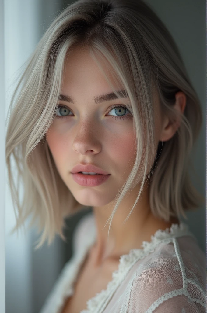 (RAW photo, best quality, masterpiece: 1.2), (photorealistic: 1.4), 18 years old, Kristina Pimenova, solo, detail face, detail eyes, detailed skin, light gray eyes, light gray hair, short straight bob cut, Symmetrical eyes, medium breast, like a model, looking at viewer,
