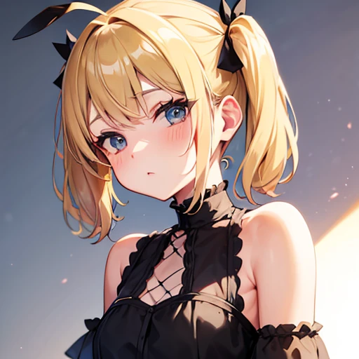 Slightly small blonde young woman, with short hair to the shoulders,        cute details, and two little pigtails of her hair on each side up on her head, similar to bee antennae 