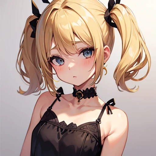 Slightly small blonde young woman, with short hair to the shoulders, cute details, and two little pigtails of her hair on each side up on her head, similar to bee antennae