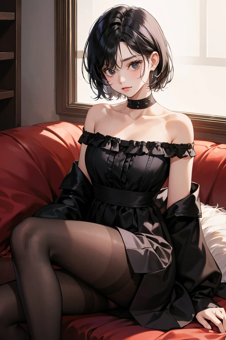 1girl, 30 years old, sitting, black dress, off-the-shoulder, black hair, short hair, styled, black eyes, black pantyhose, sexy, seductive