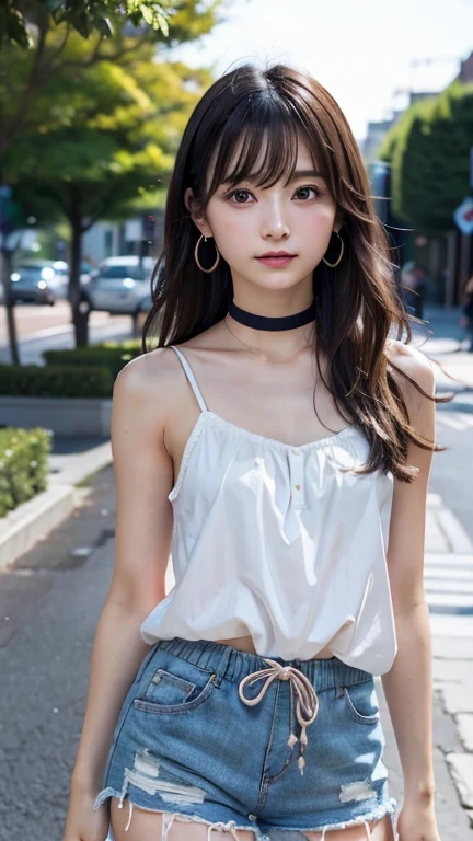 ((Drawstring Cami、Pintuck shorts))beautiful, calm and bright look、Refreshing look、完璧なbeautifulcute顔、Very bright、Long bangs between the eyes、Long black hair straight hair、とてもcute、beautifully、Young  woman、非常に完璧なbeautifulcute顔、、Real17歳女性、cute,((Small breasts：1.4))、(()) And a very slim figure,Very thin leganicules、Earrings、Pink Lip、choker、Real、Highest quality、Detailed face、Detailed Background、Depth of written boundary、alone、night,Highest quality、High resolution、超High resolution（Real：1.4）Detailed eyes、Gradation、Perfect anatomical figure、Woman with perfect body、Highly detailed skin、非常にDetailed face、細部までbeautiful目、Background blur、whole body viewing angle、