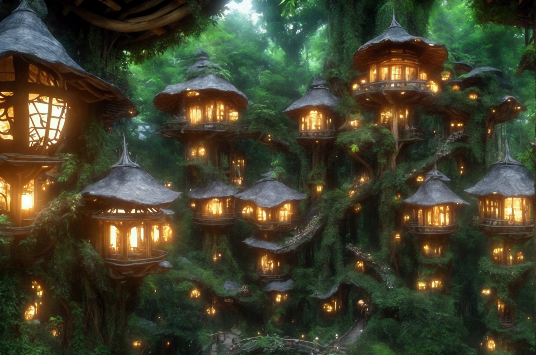Forest Kingdom architecture: buildings seamlessly integrated into nature, built from wood, vines, and living trees. Treehouses and bridges among the canopy, adorned with glowing lanterns and natural motifs. Realistic and harmonious, with an epic, movie-like quality.
