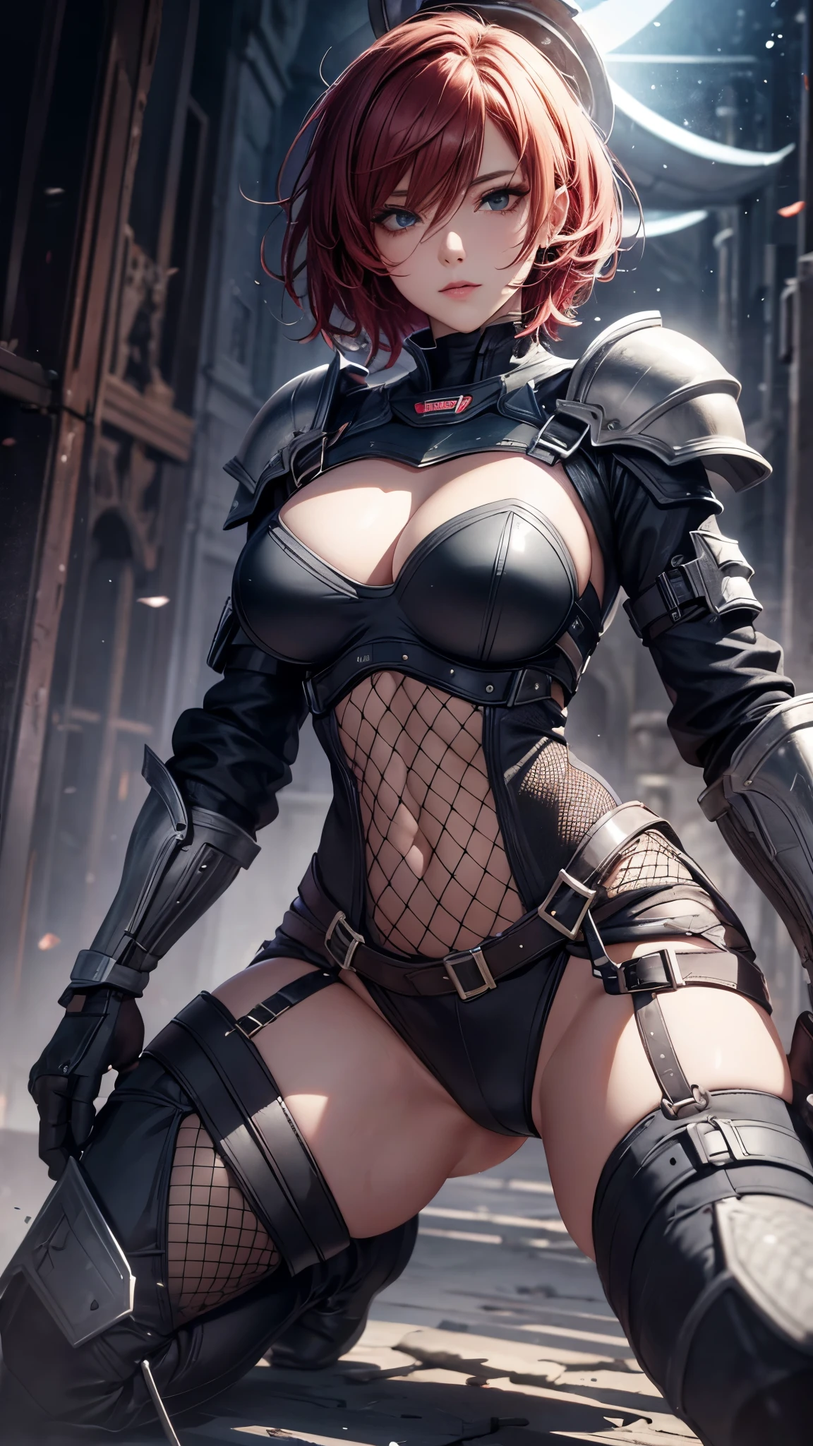 1girl,full body,red short hair,female knight,dirty armor,helmet,elbow guards,knee pads,((fishnet stockings,thigh high boots)),(best quality,4k,8k,highres,masterpiece:1.2),ultra-detailed,(realistic,photorealistic,photo-realistic:1.37),detailed face,beautiful detailed eyes,beautiful detailed lips,extremely detailed eyes and face,long eyelashes,dynamic pose,dramatic lighting,muted color palette,cinematic composition