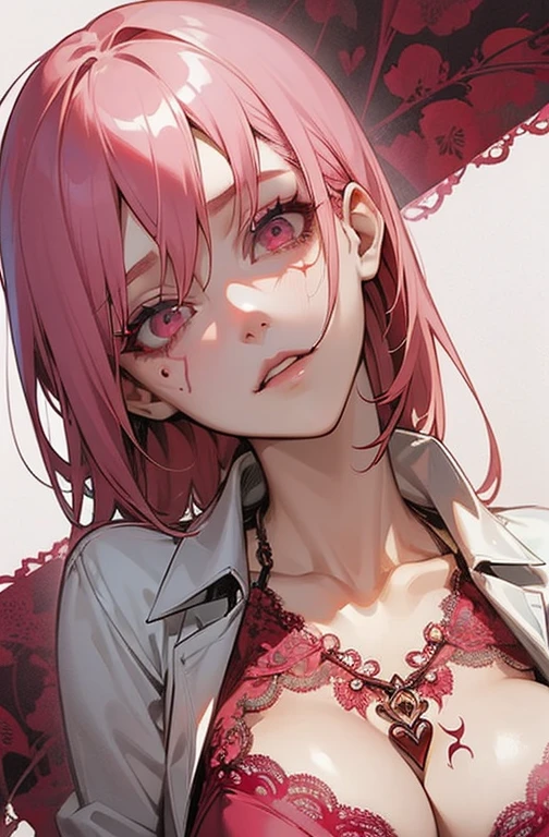 Cool women、sexy、Center of chest、Rize from Chainsaw Man、beauty、Yandere、、Face close-up、Chest tattoo、Red lace、necklace、(look up)、(Pink Hair)、((solo)).(Background abstract).(Background white)、