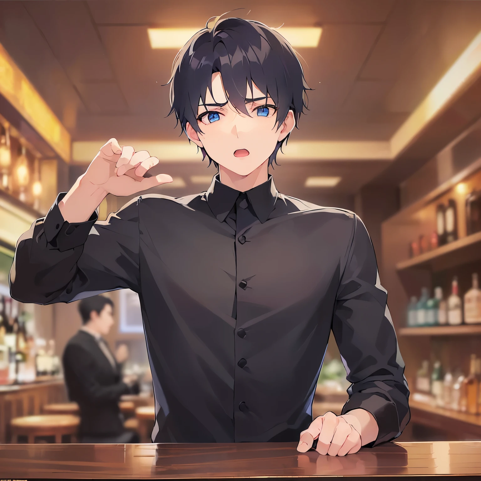 upper body,hands up,
shiny skin, masterpiece、Highest quality、
(25-year-old male:1.5) and (Black short hair) and (blue eyes),
Black long sleeve shirt、
confused、open mouth,The background is the interior of a bar at night.、(alone:1.5)