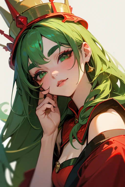 (Highest quality, masterpiece:1.2), High resolution, Very detailed, Realistic:1.37, Fantasy, An illustration, Green Eyes、Queen, Red and green swimsuit、Platinum decoration、beautifully、Eyeshadow Red、Thick eyebrows、Long eyelashes、pupils are black、Her hair is dark green、Gold crown、Kissing Face、Embarrassing、Beloved by the crowd、Hair is green、Braiding、hair ornaments、Laugh gently、Close one eye、Wink、Wink、From the waist up。