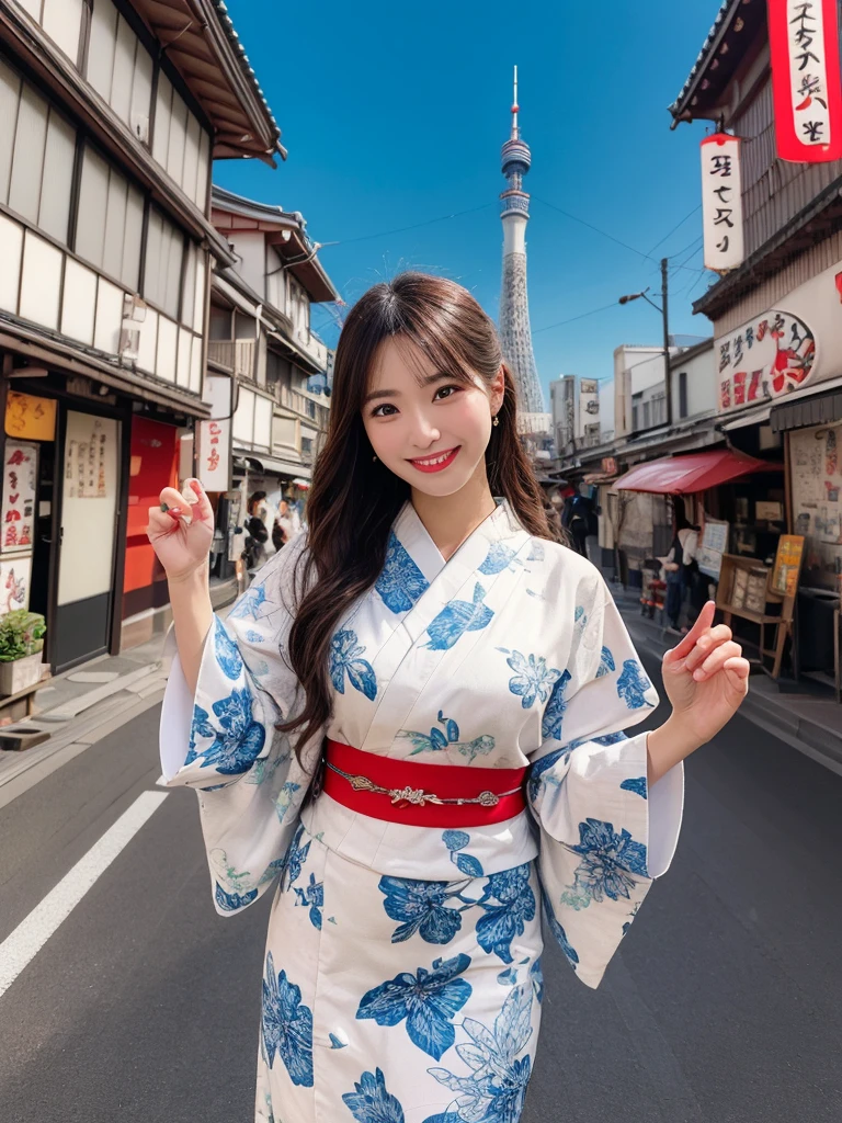 1girl, solo, highres, best_quality, masterpiece, detailed_background, intricate_details, beautiful, asakusa, skytree, kimono, cityscape, traditional_clothes, tokyo_tower, smile, looking_at_viewer, dynamic_pose, natural_pose, candid, happy