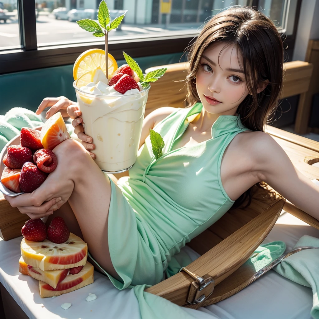 Cold,Large irregular frozen yogurt slices,Mixed with various fruit cuts,Mint leaves for garnish,Milky white ice slices,still life,unmanned