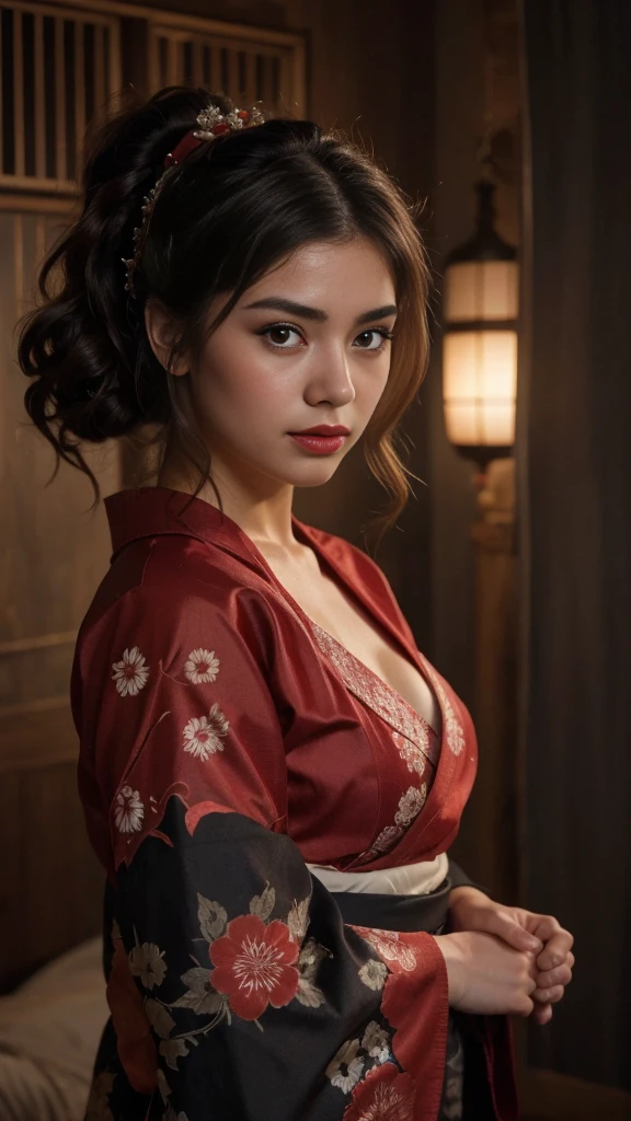 Portrait of a geisha, soft background, gorgeous, mystical, red lips and black hair, wearing a traditional japanese kimono, cinematic, 8K, hyper realistic, award winning photography