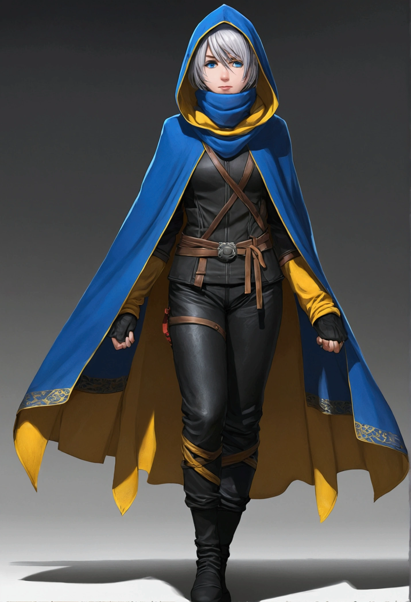 artwork, Highest quality, High resolution, 1 girl, Synonym 1, scarf, short hair, my, Ninja mask, Long sleeve, Leather pants, Gray Hair, Twin tails, Inappropriate clothing, Leather pants, Holding, Holding faca, Heterochromia iridis, Yellow Eyes, blue eyes, , Hooded cloak, rogue Roleplaying, Roleplaying, Ninja, What's left behind, Medieval