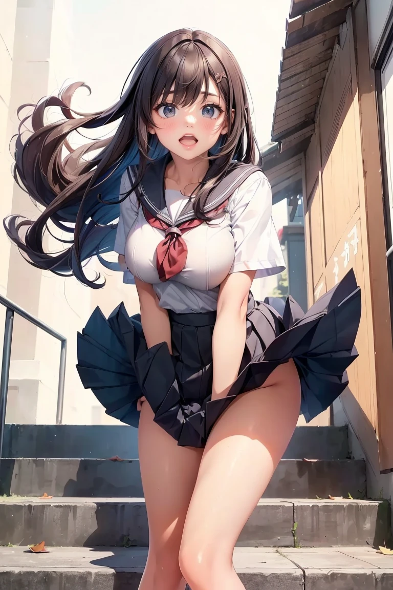 mini skirt,(((busty woman cosplay high school girl uniform))),(bending foward while standing)、japanese high school girl uniform,(((wind lifts skirt))),floating leaves,hands on crotch,holding floating skirt,thighs,being at the stairs top of outside、windy day,(focus on her crotch),low angle,shot from under side of stairs,(((freaking out:1.2)))