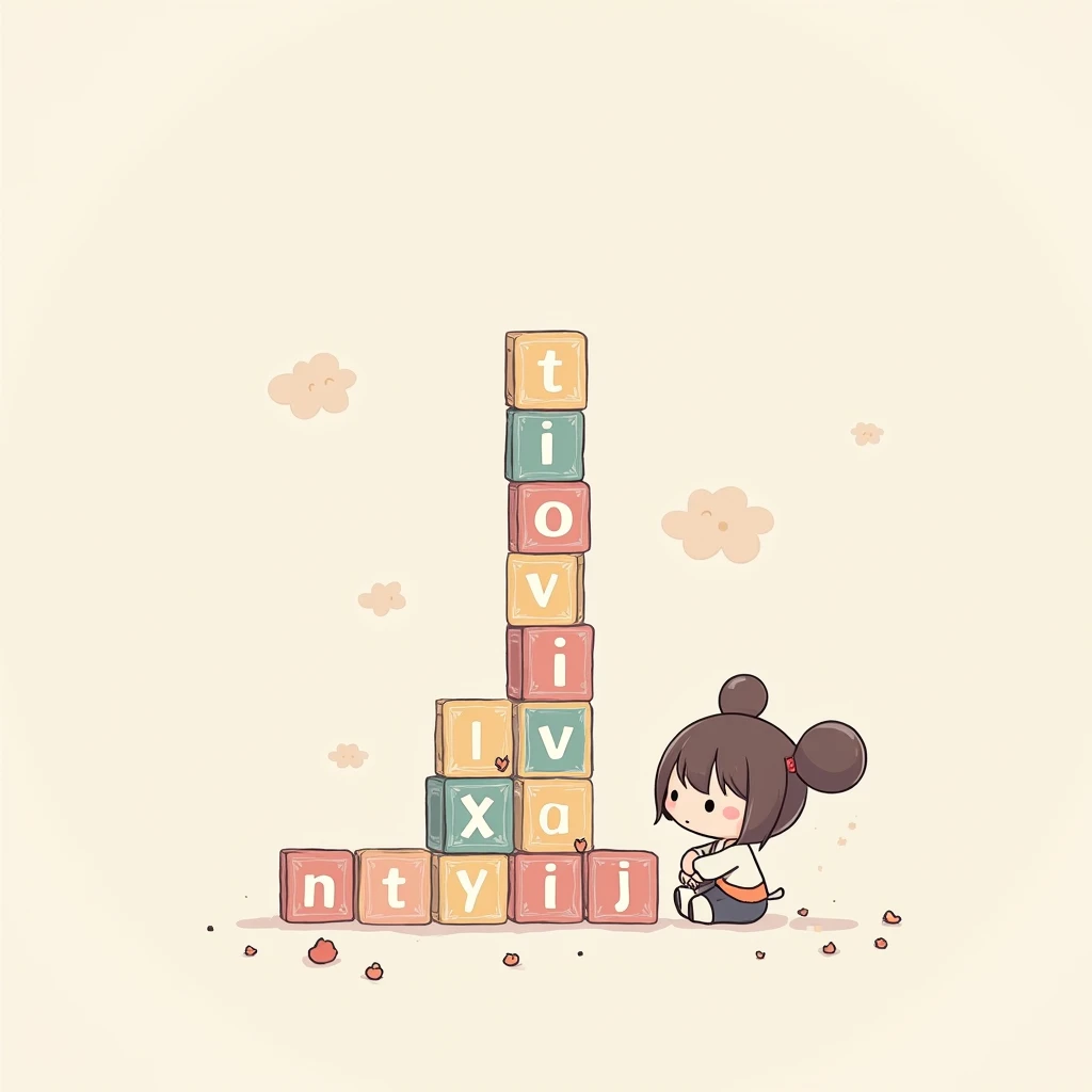 super-deformed, Chibi Cute, 1girl, solo, full body, She is playing by stacking blocks with the alphabet written on them, If you read the letters on the building blocks in succession, you can read "i love infinity", pastel color illustration