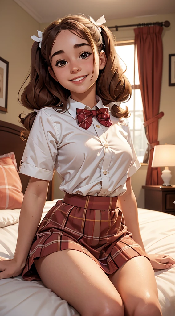 (masterpiece, best quality),1girl smiling with Hazel curly hair twin tails sitting in a bed of her bedroom in front of her bedroom, blurry foreground, plaid short skirt, a white blouse with a loose bow tie, 18 yo, small breasts, very young, like riley reid character
