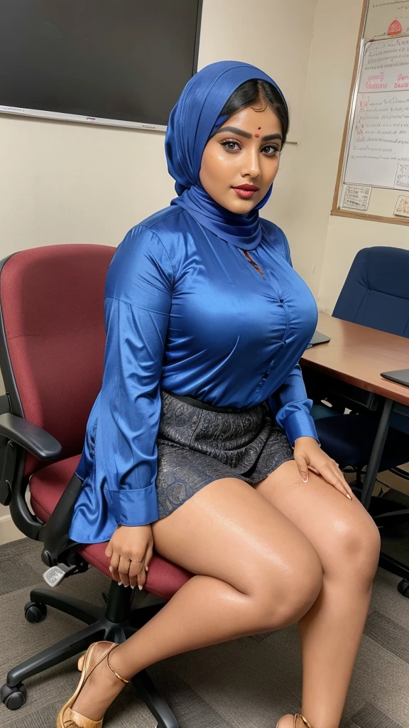 Day scene, full body photo of a plus sized 23 year old indian with a man from top view, (Masterpiece, Best Quality, High Resolution), class room Background, (cum Splash on her blouse and face, cum Splash on her face, Splash of cum, cum Splash on her gown, cum Splash on her eys), Sweet 35 year old South indian teacher sitting on a class room chair with a man, hour glass body red lips, blue colour silky hijab, lightly makeup,ultra realistic, realistic, look at viewer (cinematic:1.3), intricate details,
