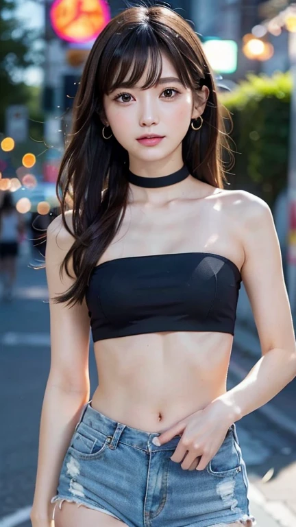 ((Tube top、Pintuck shorts))beautiful, calm and bright look、Refreshing look、完璧なbeautifulcute顔、Very bright、Long bangs between the eyes、Long black hair straight hair、とてもcute、beautifully、Young little woman、非常に完璧なbeautifulcute顔、、Real***女性、cute,((Small breasts：1.4))、(()) And a very slim figure,Very thin leganicules、Earrings、Pink Lip、choker、Real、Highest quality、Detailed face、Detailed Background、Depth of written boundary、alone、night,Highest quality、High resolution、超High resolution（Real：1.4）Detailed eyes、Gradation、Perfect anatomical figure、Woman with perfect body、Highly detailed skin、非常にDetailed face、細部までbeautiful目、Background blur、whole body viewing angle、