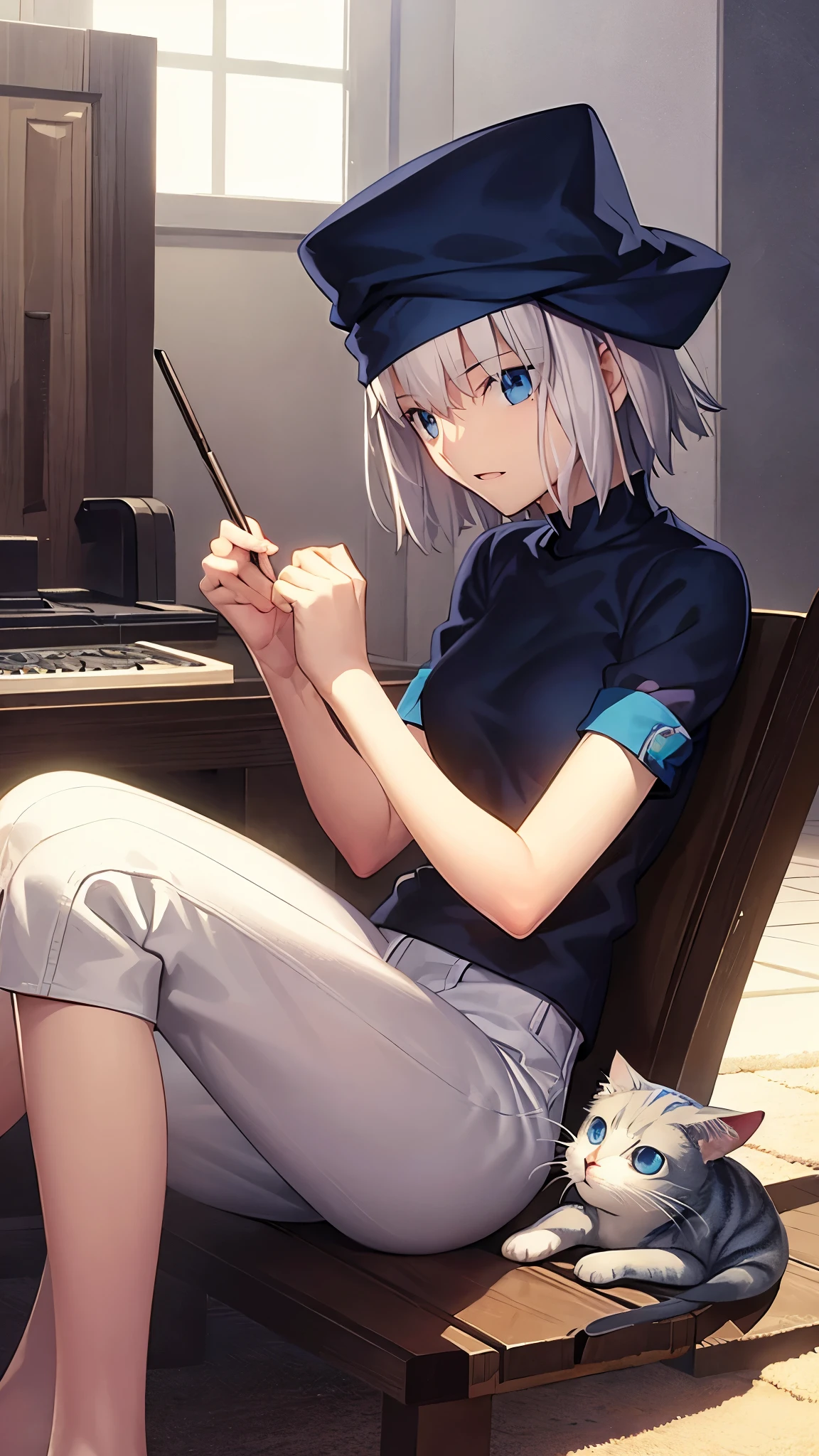 Highest quality、masterpiece、1 15 year old girl、Short silver hair、Blue eyes、Cat knit hat、Short sleeve、Shorts、Beautiful and mysterious、Enigmatic look、Laugh fearlessly